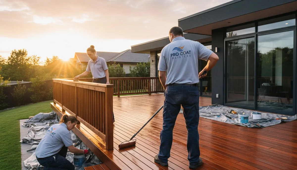 Professional deck staining in Burlington VT by local painters protecting wood from weather damage