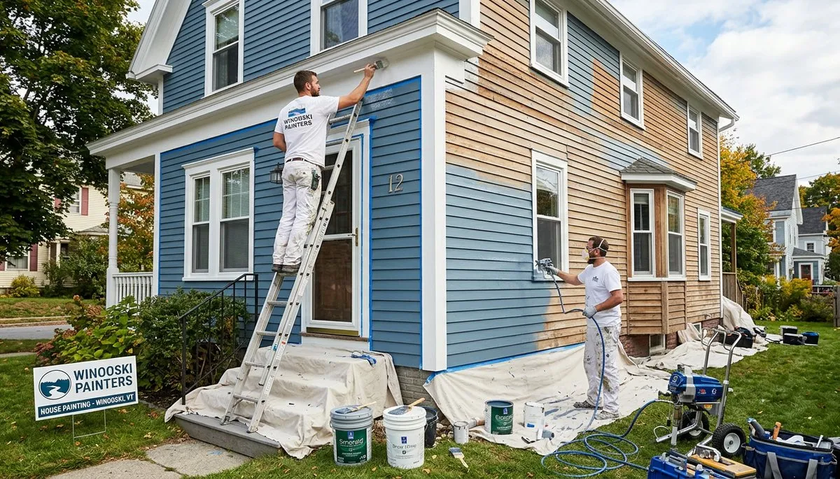 Professional house painters working on residential exterior in Burlington VT