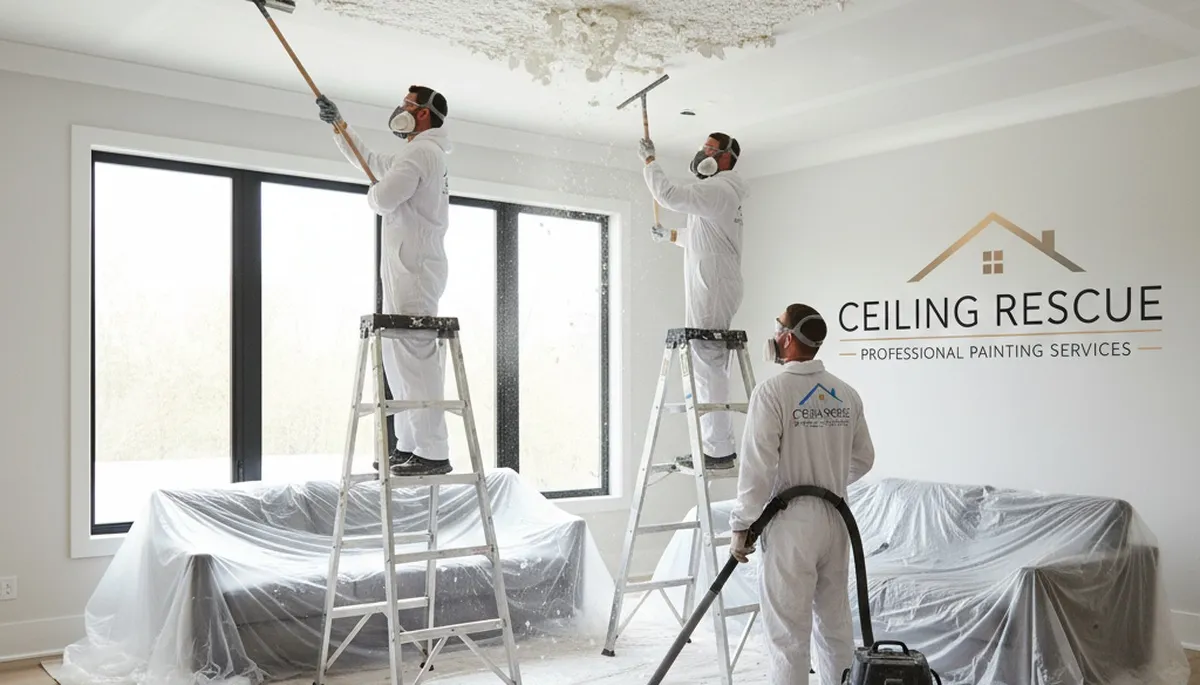 Technician removing popcorn ceiling in Burlington VT home for smooth modern finish