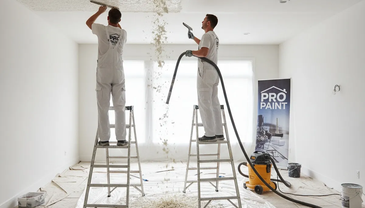 Professional popcorn ceiling removal in Burlington VT home for smooth modern ceiling finish