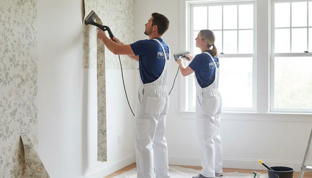 Professional wallpaper removal in Burlington VT by expert house painters prepping interior walls